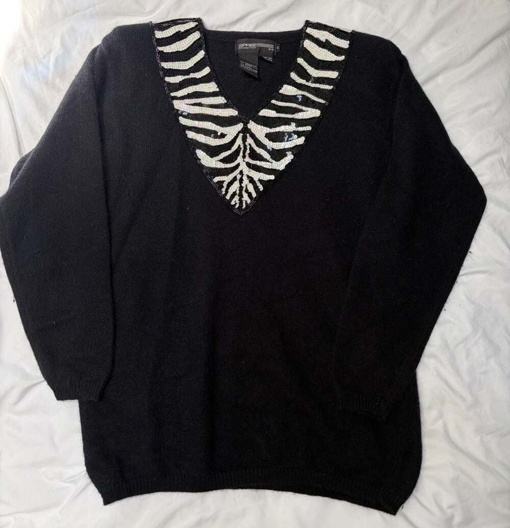 Vintage 1990 Spree International Sequin Beaded V-Neck Sweater Size M